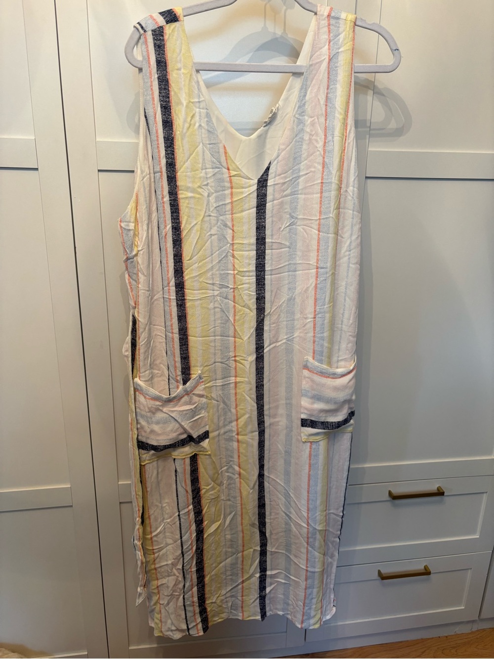Tribal Striped Sleeveless Midi Dress in White, Yellow & Navy
